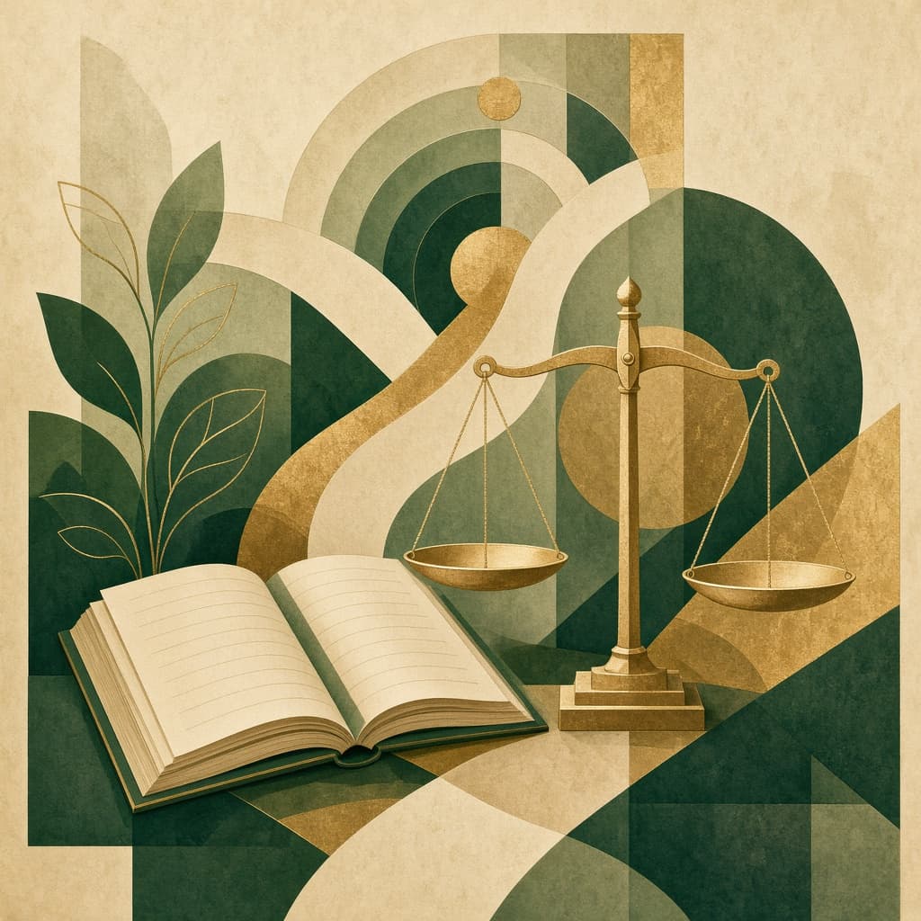 Abstract illustration of a balance scale with geometric shapes in civic green and brass tones, suggesting policy deliberation.