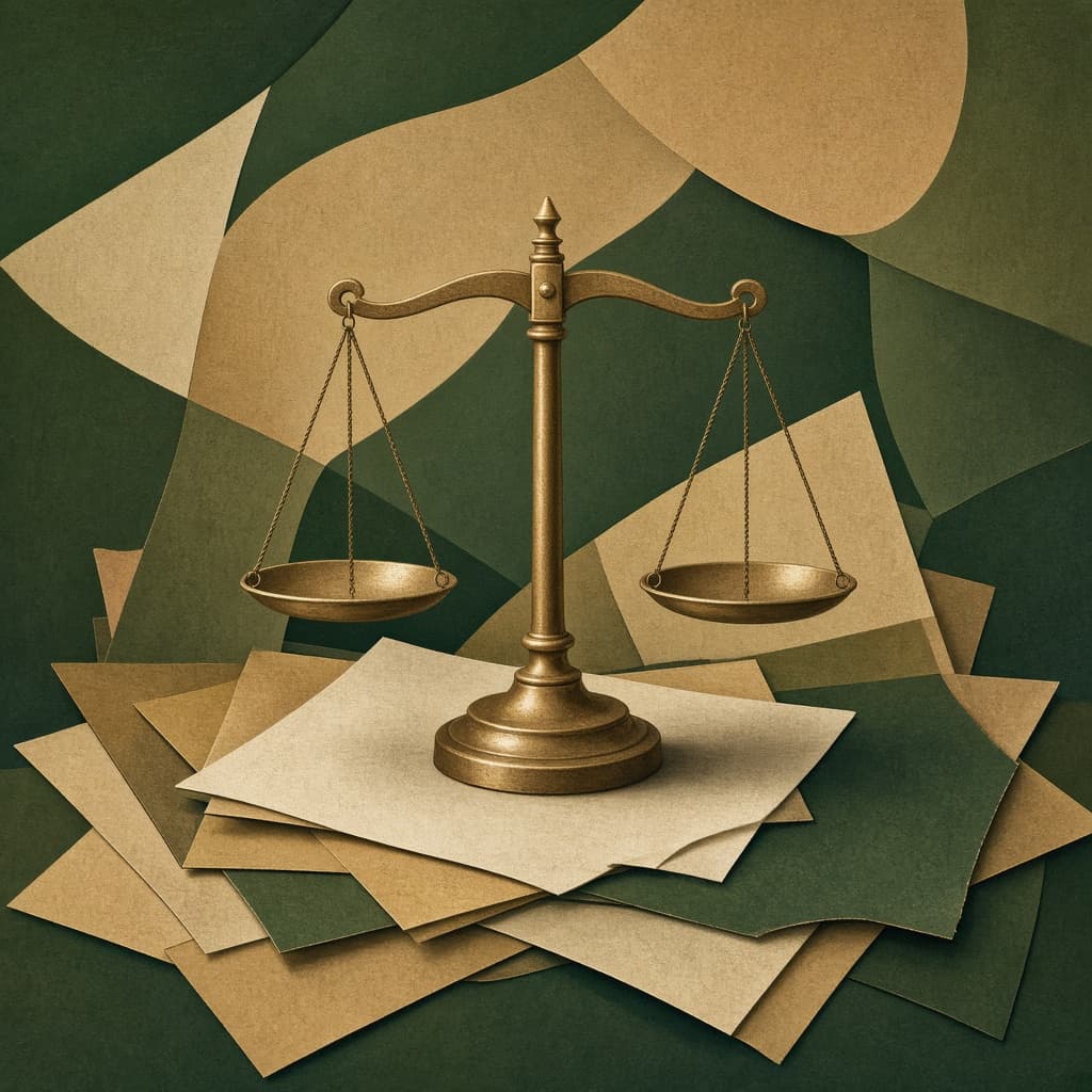 Abstract illustration of a balanced scale in green and brass tones with architectural elements and open documents.