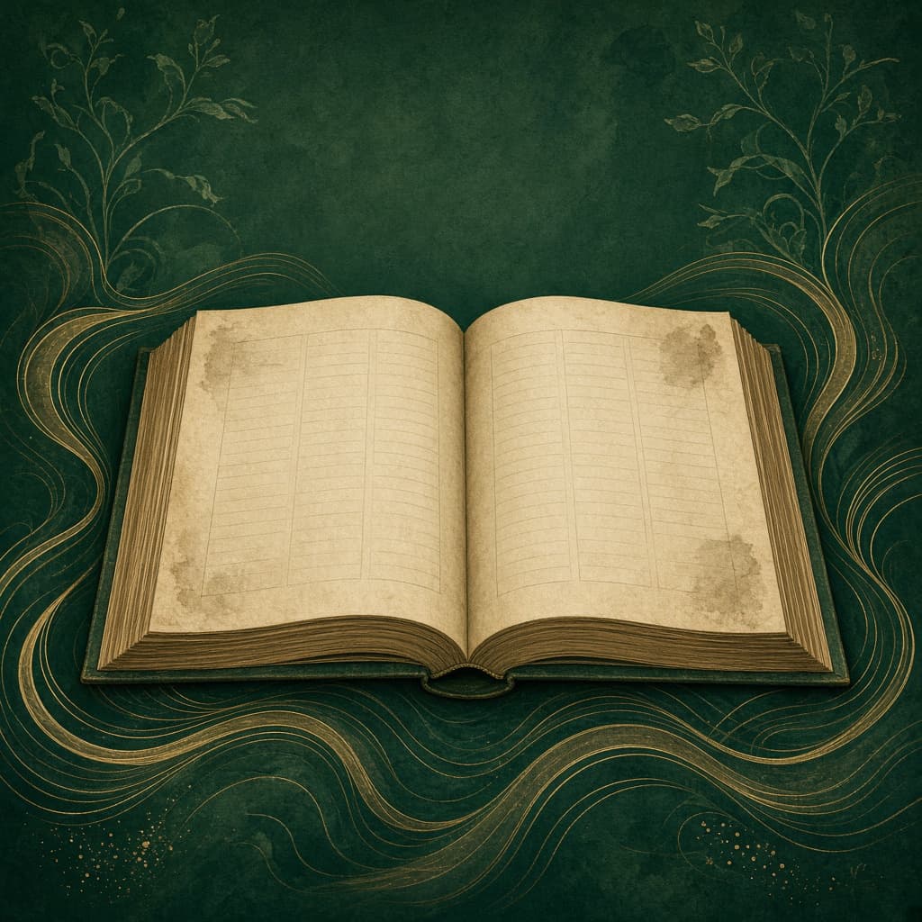 Abstract illustration of an open ledger with architectural elements in green and brass tones.