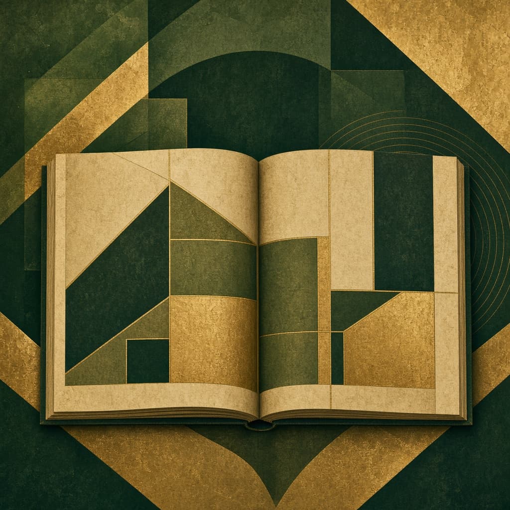 Abstract illustration of an open ledger with balanced sections in civic green and brass tones.