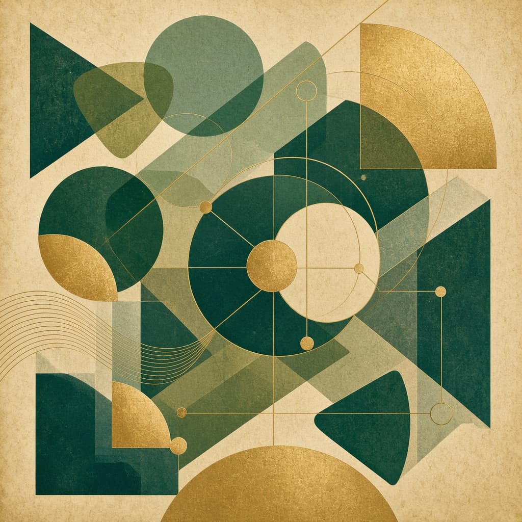 Geometric abstract illustration of interconnected civic systems in green and brass tones.