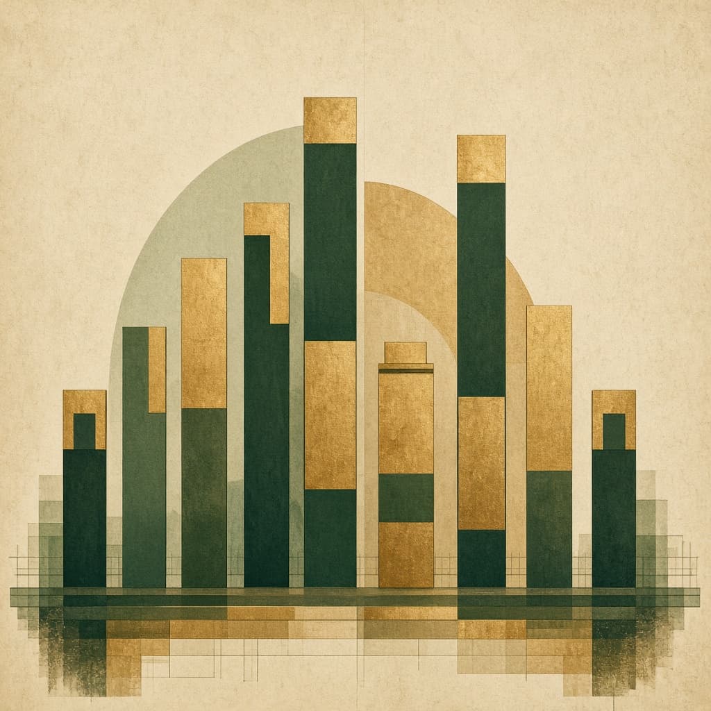 Abstract illustration of an open ledger with nine vertical columns in varying heights, in green and brass tones.