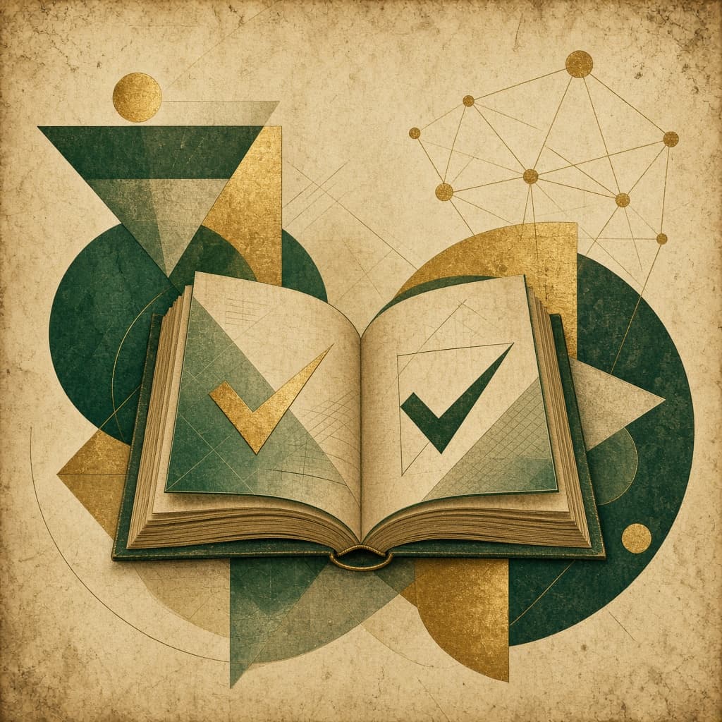 Abstract illustration of an open ledger with checkmarks and connected nodes in civic green and brass tones.