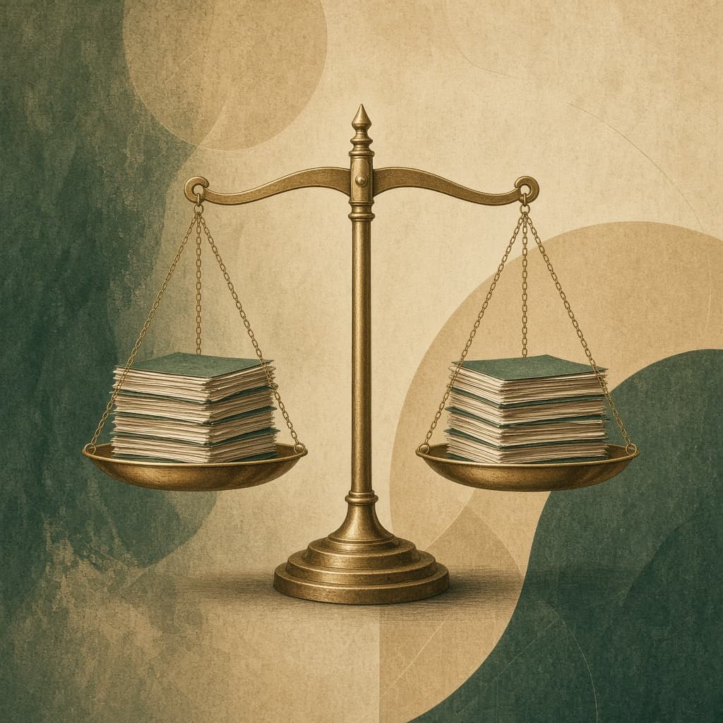 A balanced scale with financial documents on one side and civic columns on the other, in green and brass tones.