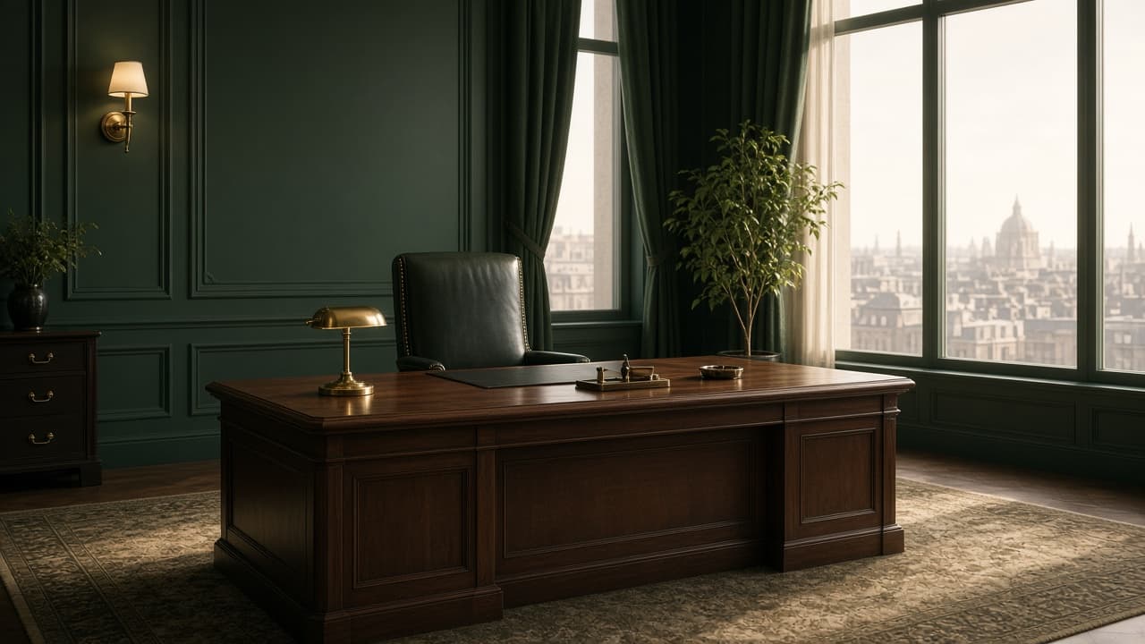 An empty executive office with a vacant desk and chair, and no person present.