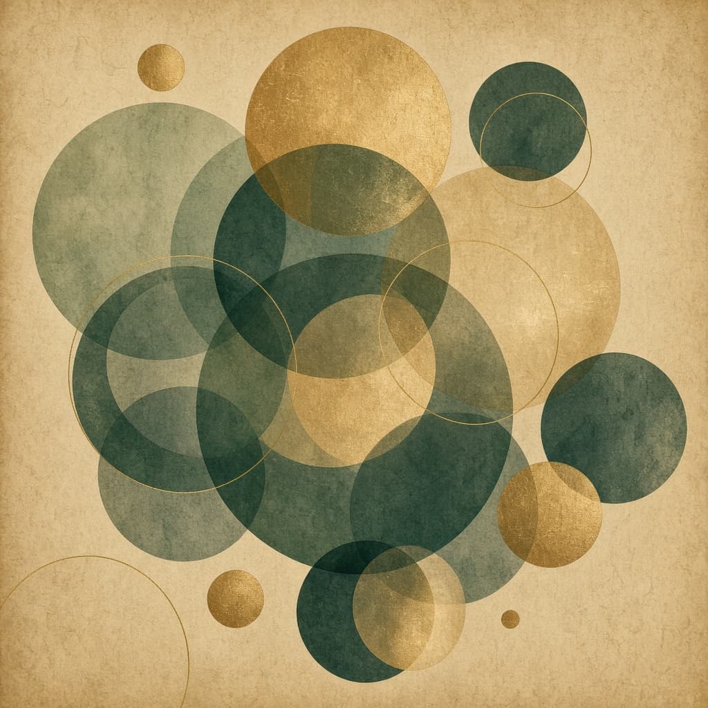 Geometric abstract circles and ripples in green and brass tones representing interconnected civic systems.
