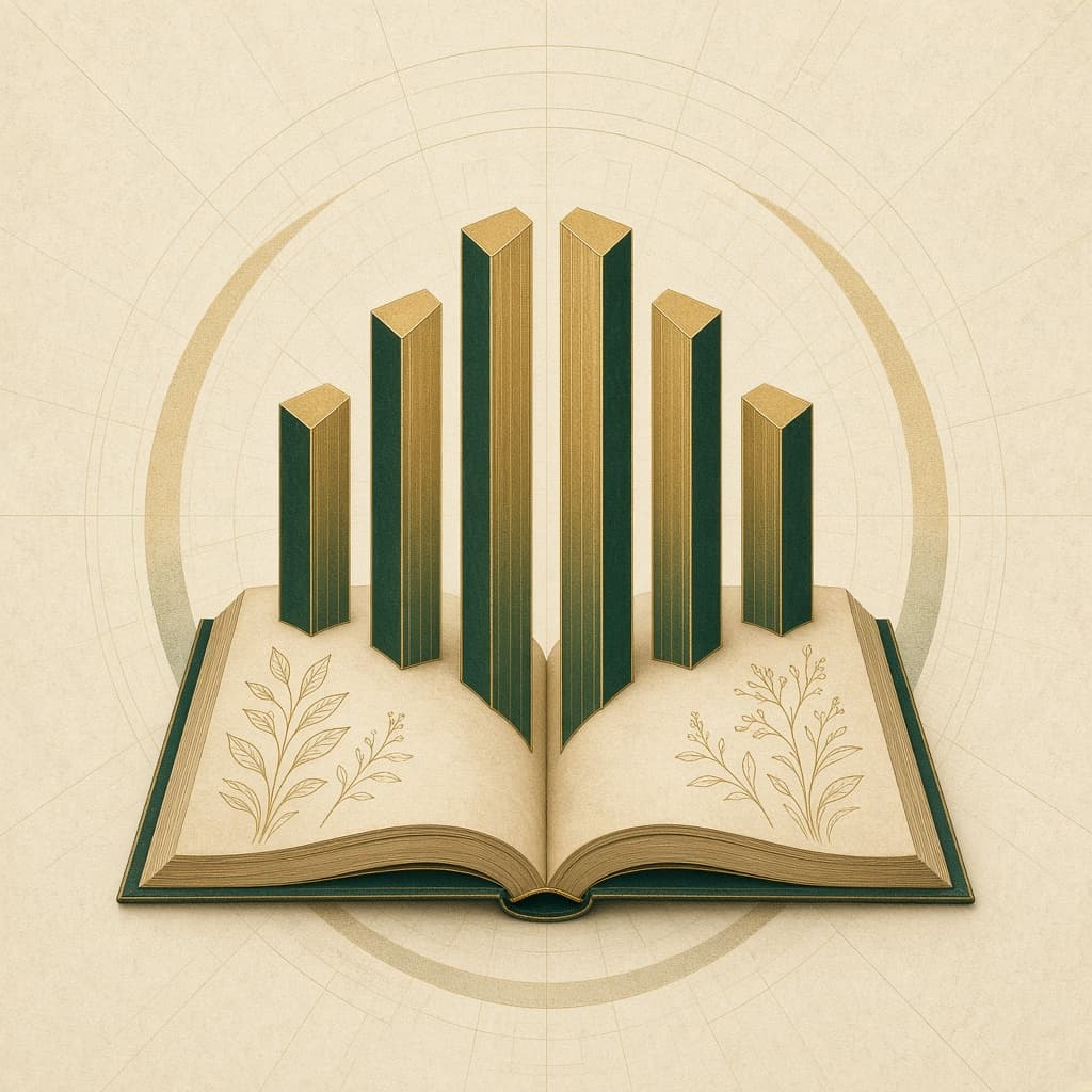 Abstract illustration of an open ledger with ascending columns and a timeline, rendered in green and brass tones.