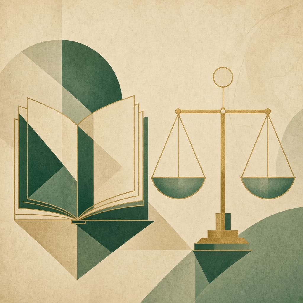 Abstract balance scale and layered documents in green and brass tones, representing energy policy consideration.