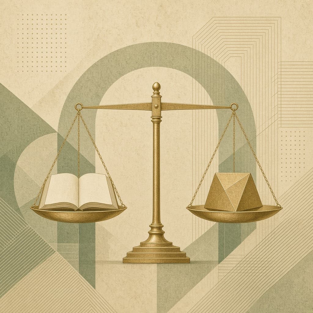 Scales balancing a ledger and a column, rendered in green and brass line art.