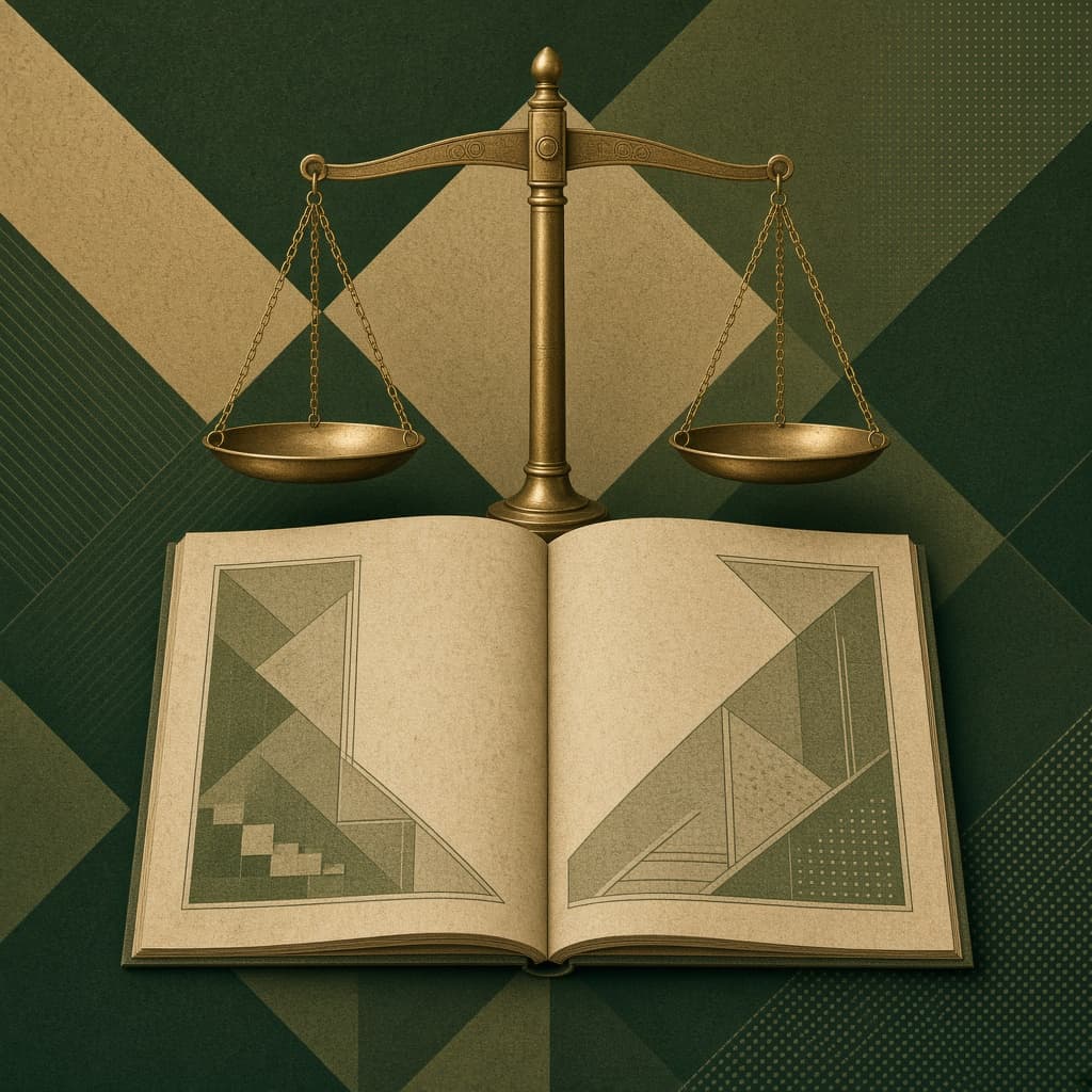 Abstract illustration of balanced scales and an open document in green and brass tones