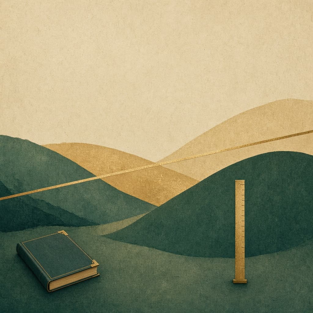 Abstract geometric landscape with a dividing line representing jurisdictional boundaries, in civic green and brass tones.