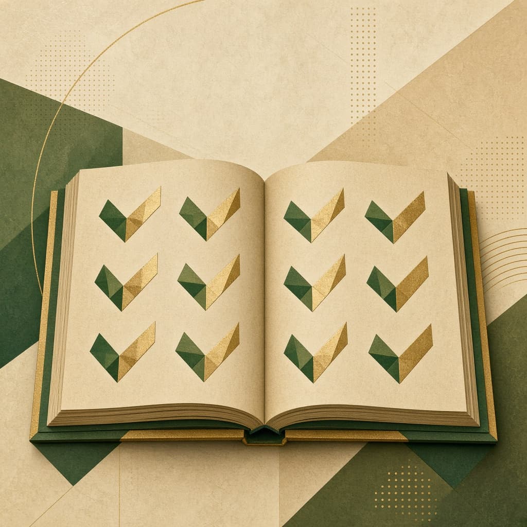 Abstract illustration of a ledger with verification checkmarks and geometric patterns in civic green and brass.