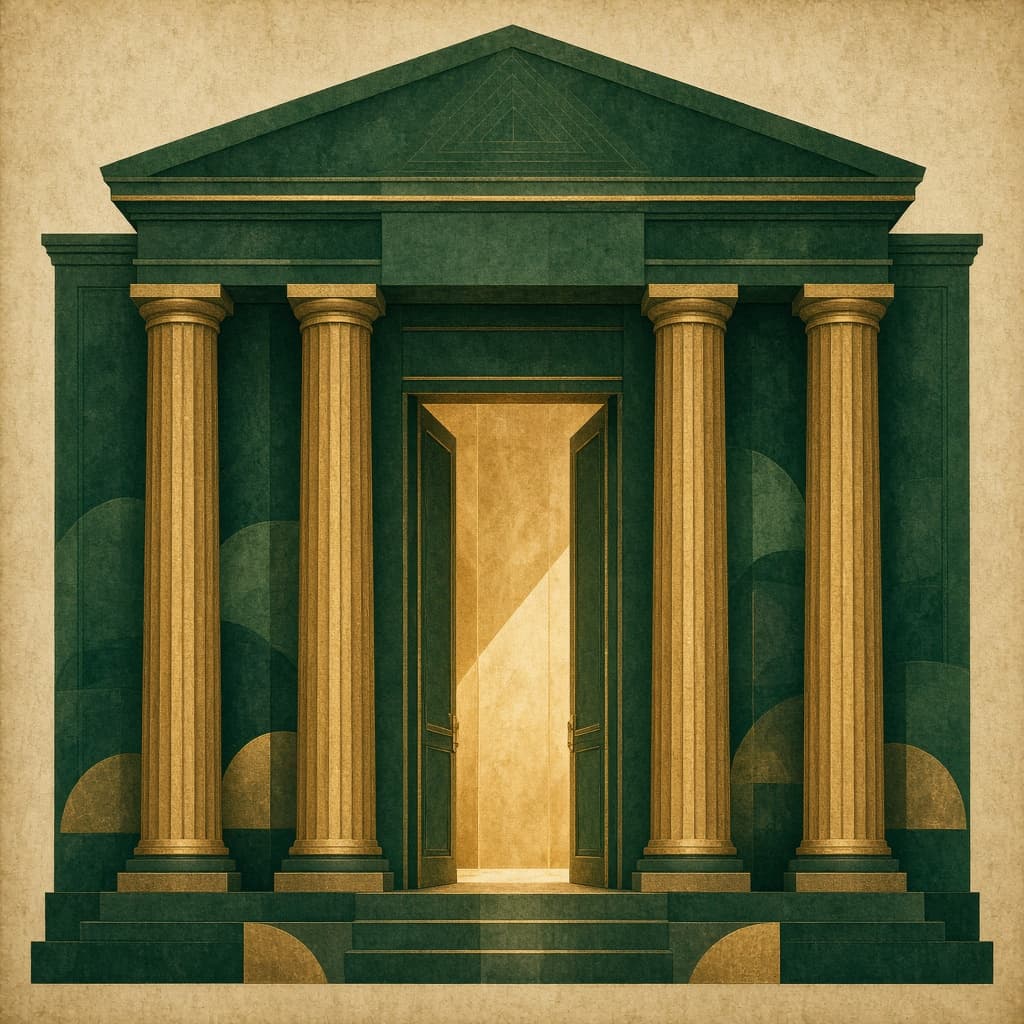 Illustration of a classical courthouse entrance with columns and an interior balance scale, in green and brass tones.