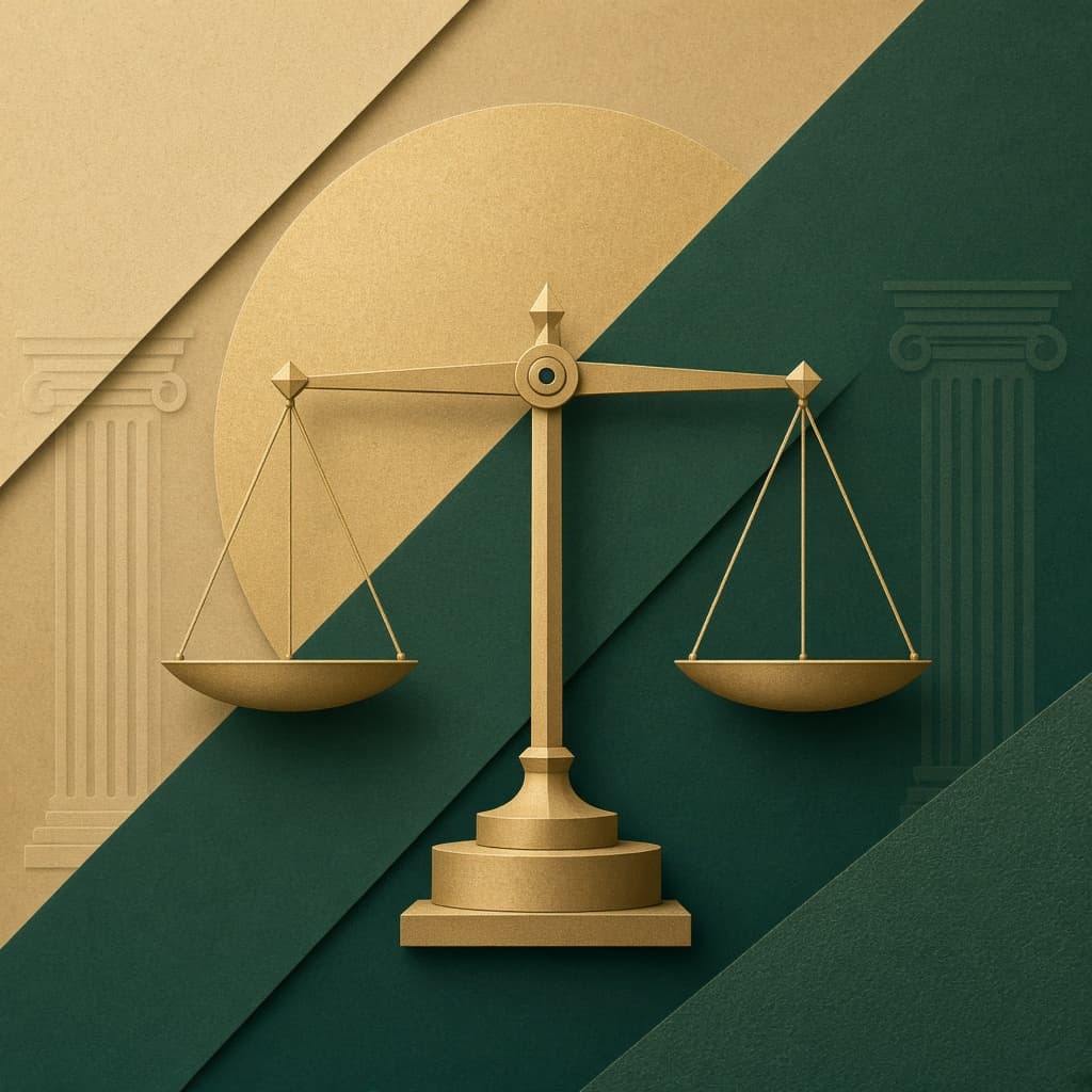 Geometric balance scale with brass accents on layered parchment and green background.