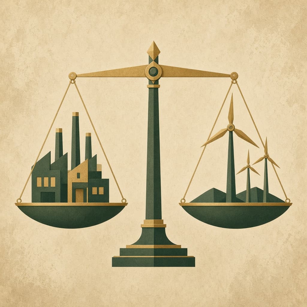 Balanced scale with industrial and energy symbols in neutral tones