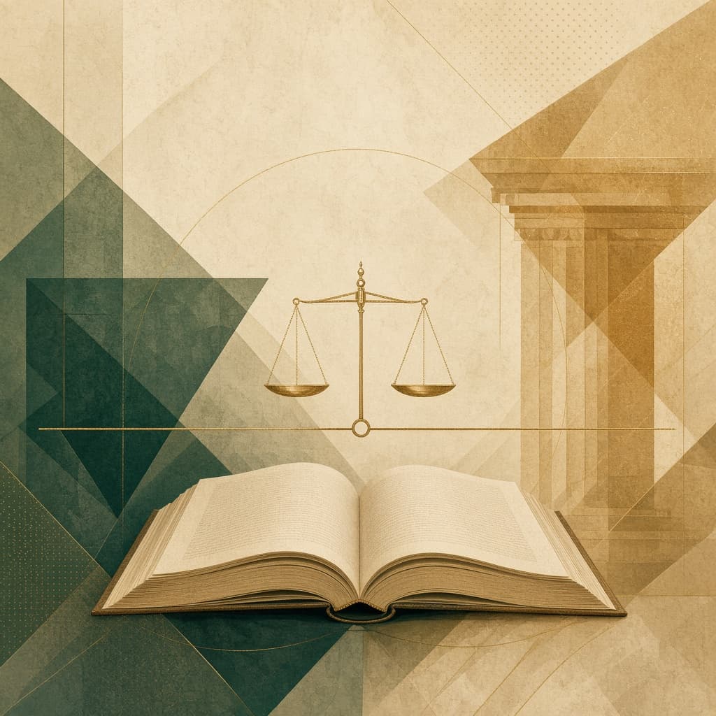Open book with geometric layers and scale symbol, deep green and brass tones on parchment.