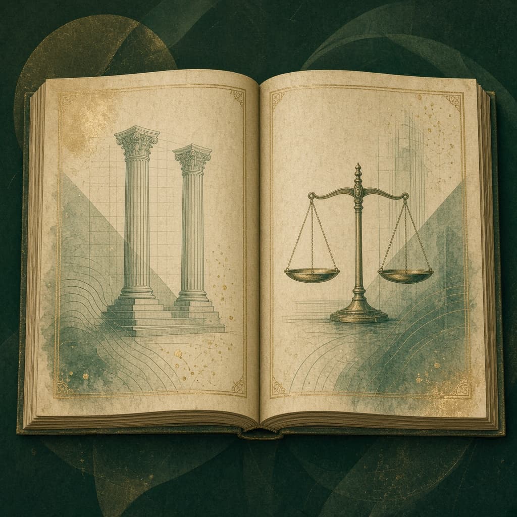 Open ledger with columns and balanced scales in green and brass tones.