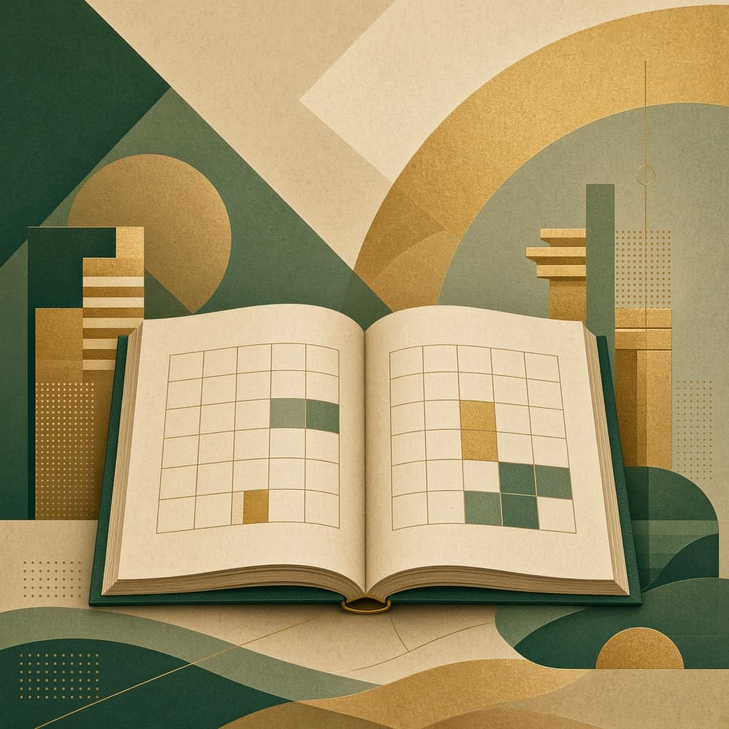 Abstract illustration of an open ledger with balanced geometric symbols and calendar elements in civic green and brass tones.