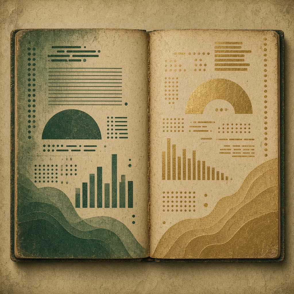 Abstract illustration of an open ledger with balanced columns, architectural elements, and fiscal notation in civic green and brass tones.