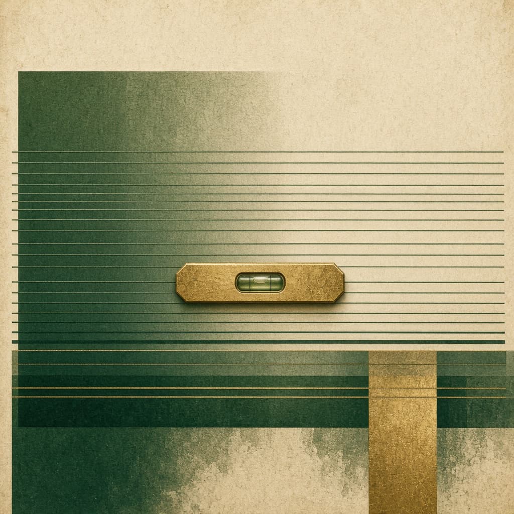 Abstract illustration of a ledger with horizontal lines and a neutral directional element in civic green and brass.