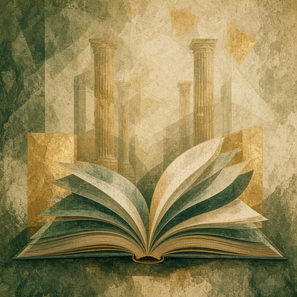 Layered open document with architectural elements in civic green and brass tones
