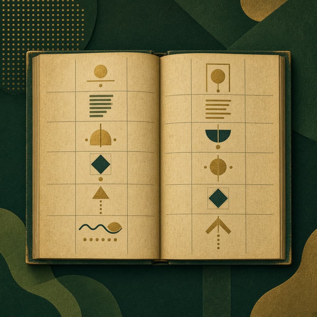 Open ledger with balanced columns, green and brass palette, editorial texture.