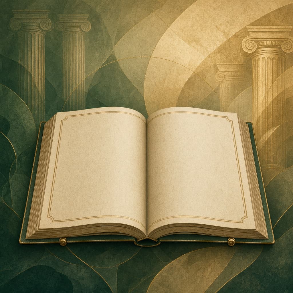 Open ledger with columns and parchment texture in green and brass tones