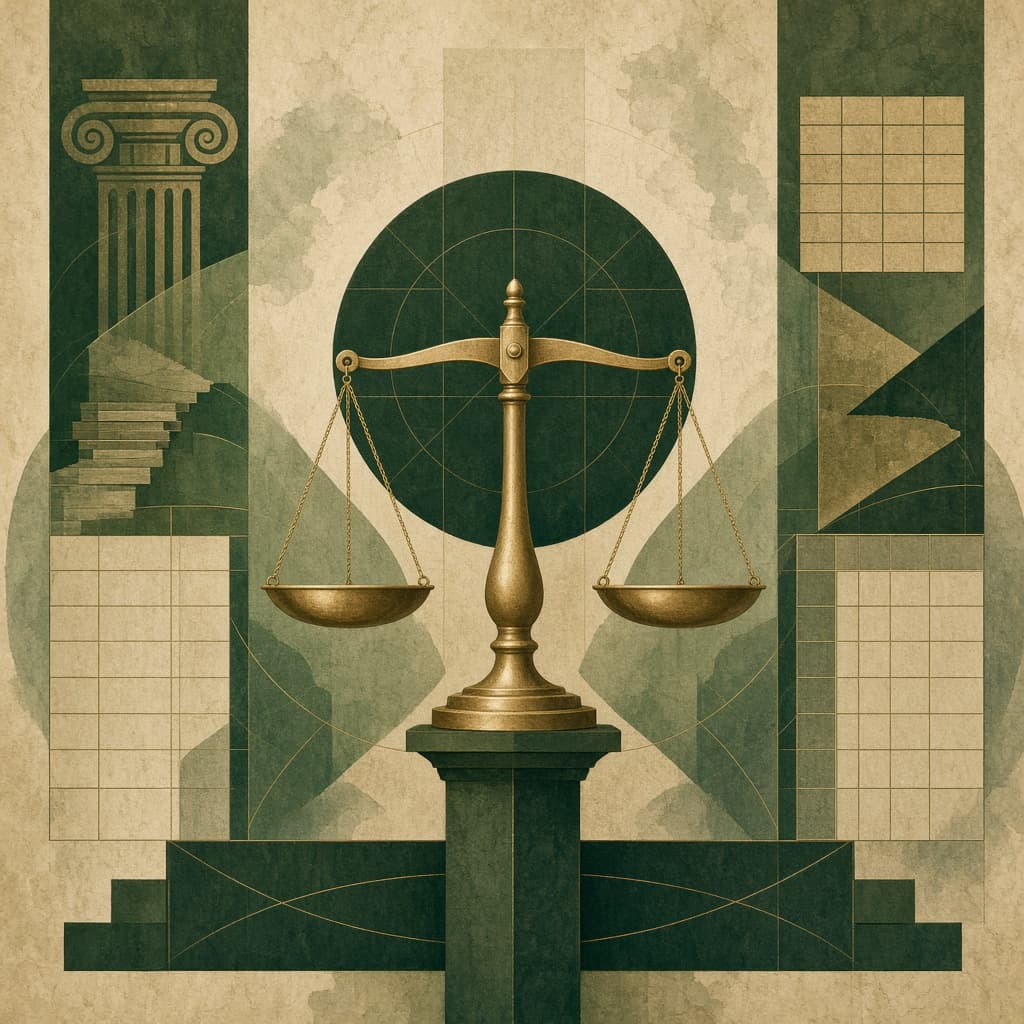 A balance scale with abstract ledger columns and data elements in civic green and brass tones.