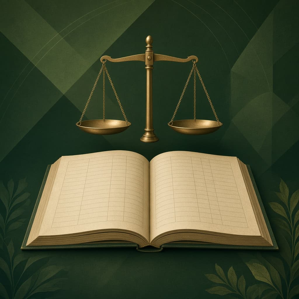 Balanced scales positioned above an open ledger book, in green and brass tones.