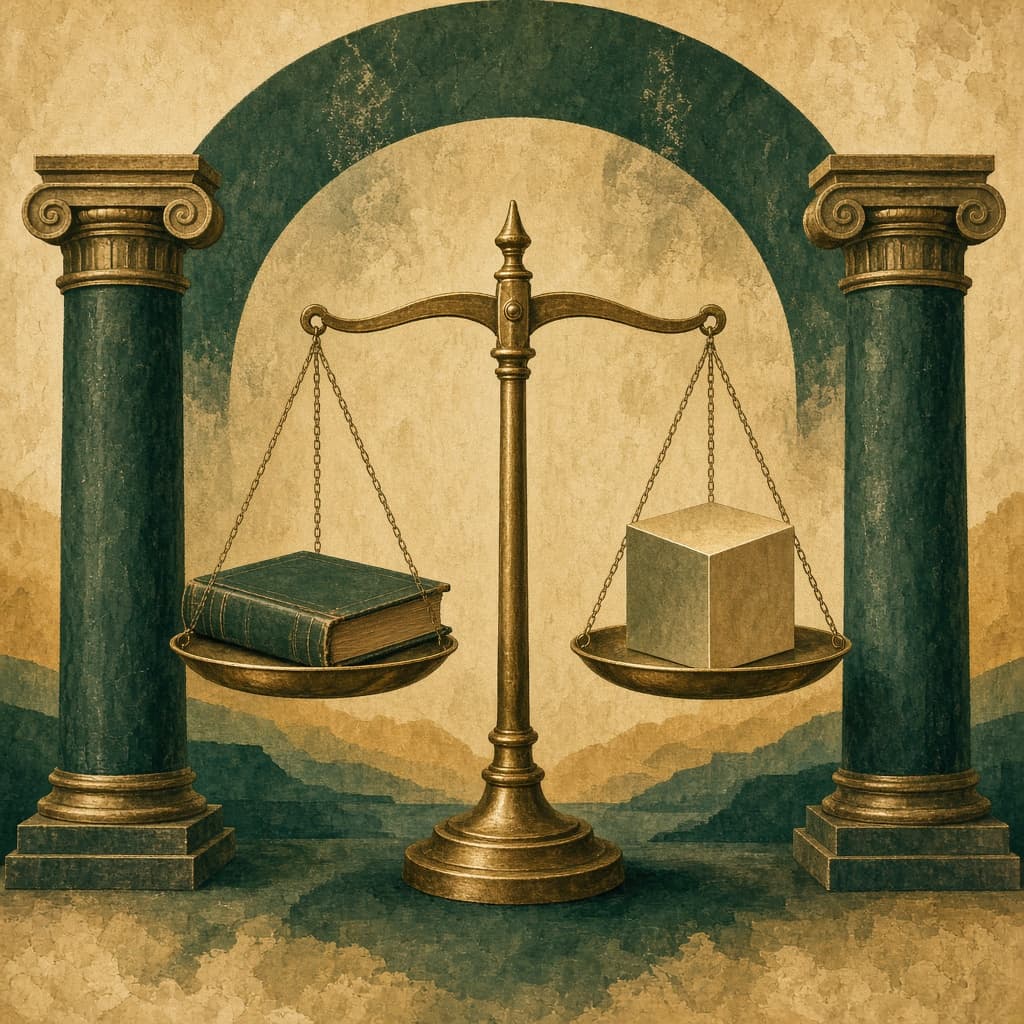 Balance scale with columns and document symbols in green and brass tones, representing federalism and policy deliberation.