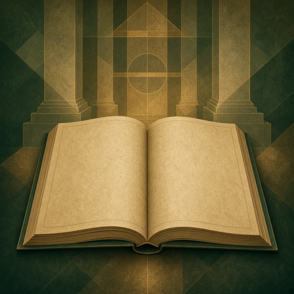 Abstract illustration of an open ledger with scales and columns in civic green and brass tones.