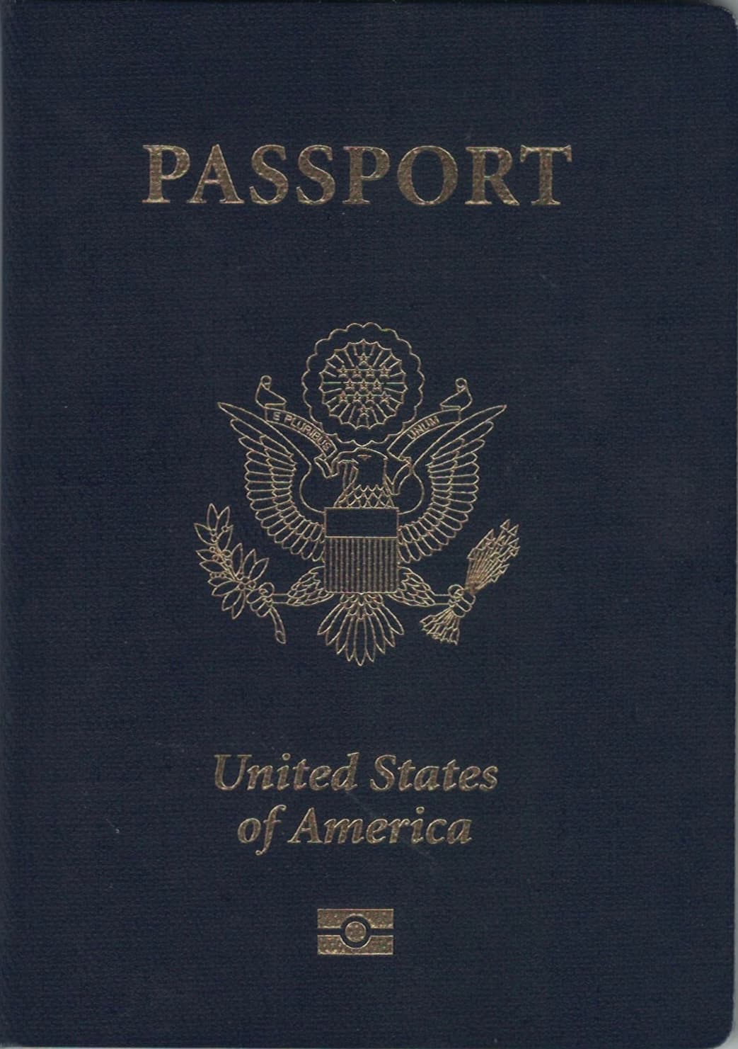 The dark blue cover of a United States passport with the gold Great Seal eagle emblem