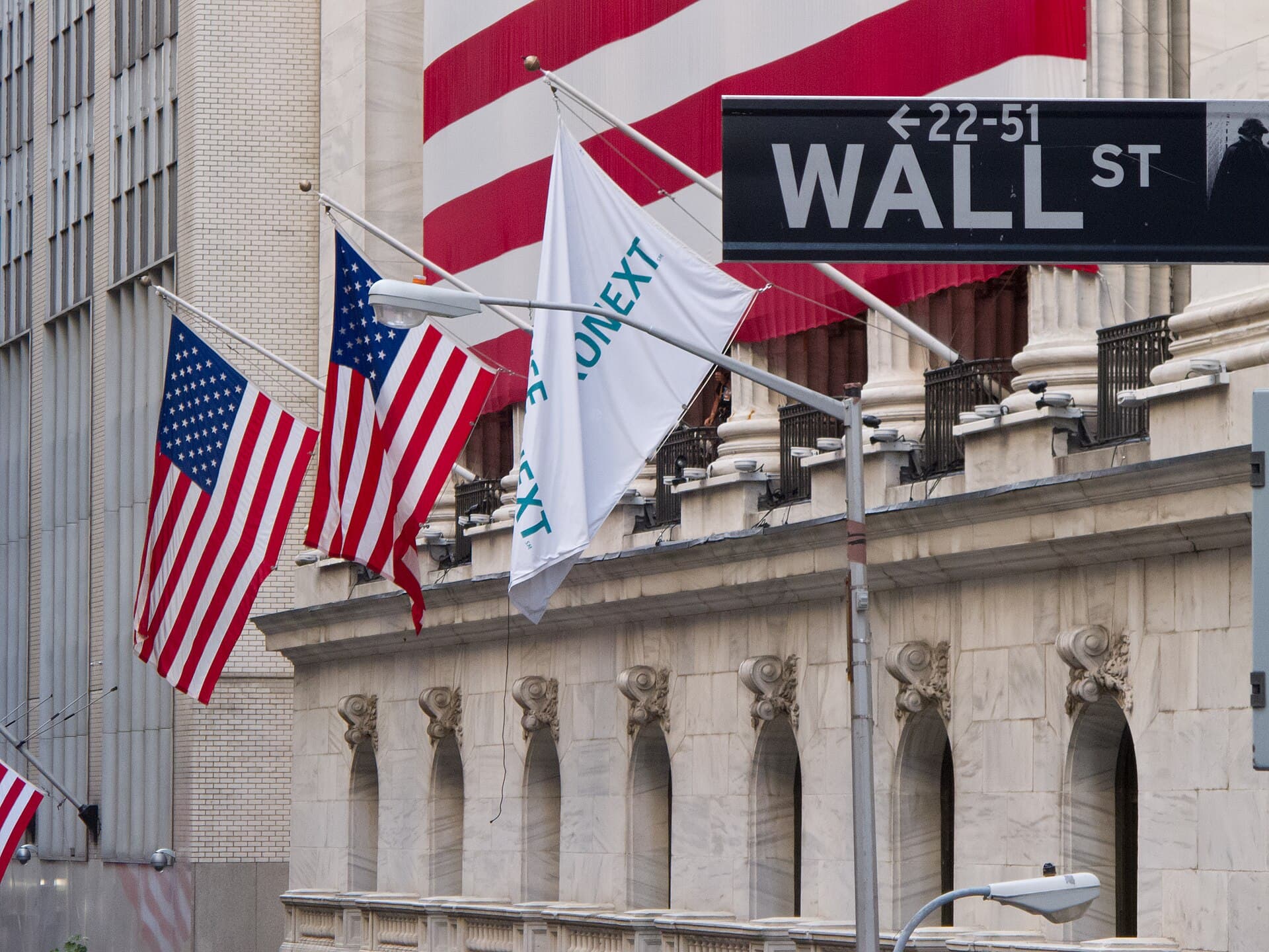 A Wall Street street sign with American flags and the New York Stock Exchange facade behind it